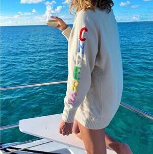 Aerie Real Good Cream Oversized Sweatshirt with Rainbow Chenille Cheers Sleeve